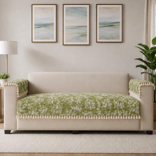 Image of STITCHNEST Woven Fabric Sofa Cover 3 Seater with 2 Hand Rest Covers - Washable Green Sofa Cover with Tassels - Durable Premium Fabric - Stylish Sofa Protector for Living Room & Furniture Decor