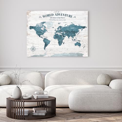Image of IPIC - Antique Blue World Travel Map, Pin Board Canvas Wall Art, Travel Map with Pins Included, Ready to Hang for Home or Office, 40x30 Inch