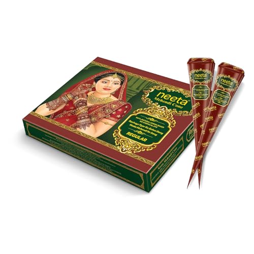 Image of Neeta Mehendi Cones for Hand 12 Pcs in 1 Box (Pack of 4) Bridal Mehndi Cones Natural Mehendi Cone for Wedding, Hand Designing, Reddish Brown Color Long Lasting Niddle Cones for Women