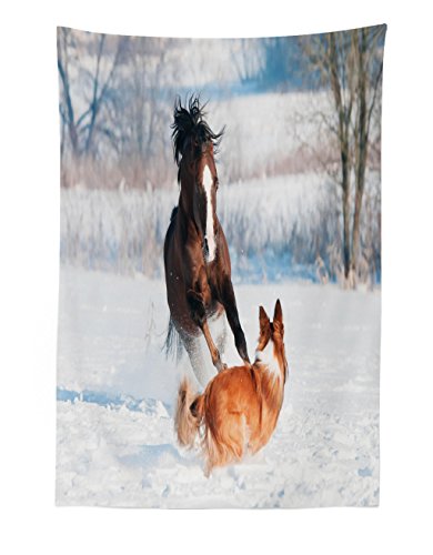 Lunarable Horse Tapestry, Welsh Pony and Border Collie Dog Playing in Winter Snow Covered Field, Fabric Wall Hanging Decor for Bedroom Living Room Dorm, 30' X 45', White Brown and Orange