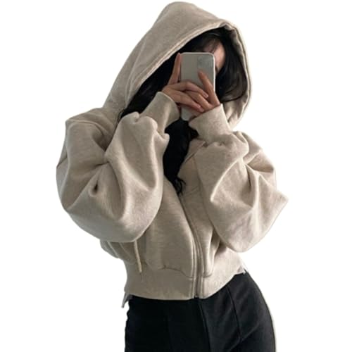 Zip Up Crop Oversized Drawstring Hood Long Sleeve Pullover