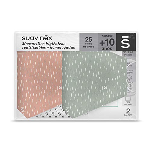 Suavinex Wiederverwendbare Hygiene-Masken für Erwachsene, zertifiziert und genehmigt, 10 Jahre, 3 Schichten, 25 Waschzyklen, 2 Stück, Grün und Rosa, 29 g
