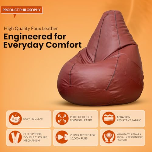 Image of Sattva Classic Piping XXXL Bean Bag with Pocket Filled with Beans | Faux Leather Teardrop Bean Bag for Adults & Teens | Pre-Filled Comfortable Seating for Bedroom, Living Room - Tan with Black Piping