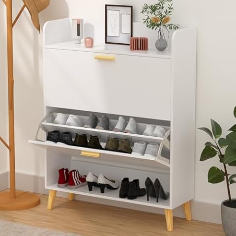 Garden 4 you Shoe Cabinet with 2 Flip Drawers, Freestanding Shoe Cabinet Organizer with Wooden Leg, Narrow Shoes Storage Cabinet for Entryway, Hallway, Living Room, Bedroom (White) Cover