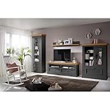 MATERIAL - Material: Kiefer massiv grau, gewachst; Absetzungen: eiche Farben, lackiert; Griff: Knopfgriff in eiche Farben; Glas: Klarglas; Beschläge und Scharniere: Metall