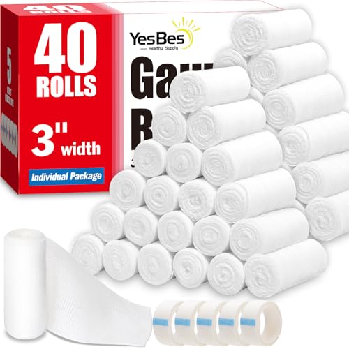 YesBes 40 Pack Gauze Rolls 3 in x 4.1 Yards Premium Gauze Wrap Roll for Wounds Bandage Wrap Rolled Gauzes Mummy Wraps Individually Wrapped