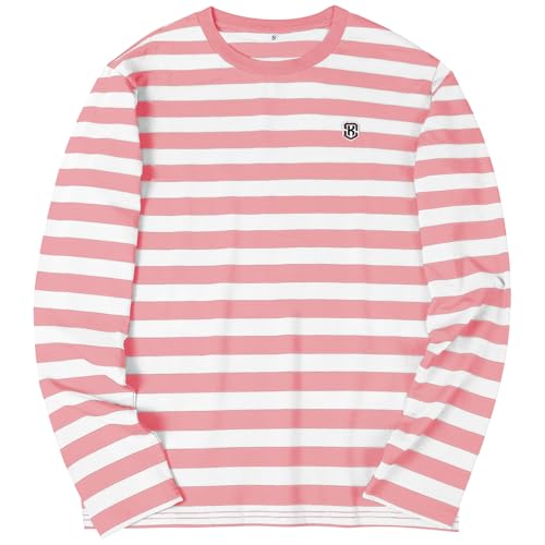 KESIHAN Men's Casual Pink and White Striped Shirts Crewneck Long Sleeve Basic Daily Work T Shirt Tops Large Pink White