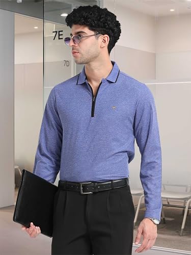 Image of STELLERS Men's Melange Full Sleeve Zipper Polo T-Shirt | Feather Soft Fabric | Breathable | Regular Fit | Quick Dry | Wrinkle Free | Tipping Design