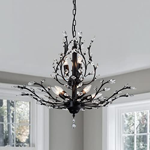 Cvkash 8-Light Vintage Crystal Branch Chandeliers Black Flush Moun Pendant Lighting Fixtures Ceiling Light For Dining Room Living Room Bedroom Restaurant Porch Foyer #TOP1