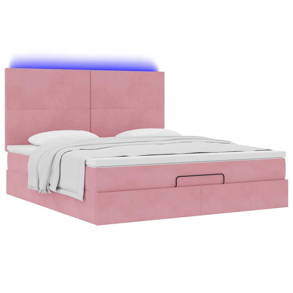 Cama otomana rosa de terciopelo 180 x 200 cm, con colchón de muelles ensacados LED y gran espacio de almacenamiento para jóvenes y habitaciones de invitados