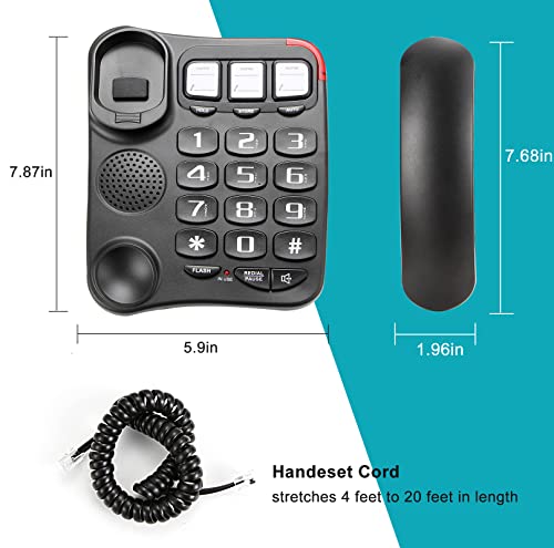 Large Button Phone for Seniors, Loud Ringer, One-Touch Dialing. Amplified Corded Phone with Speakerphone for Elderly Home Landline Phones, No Need to use Batteries.… (Black)