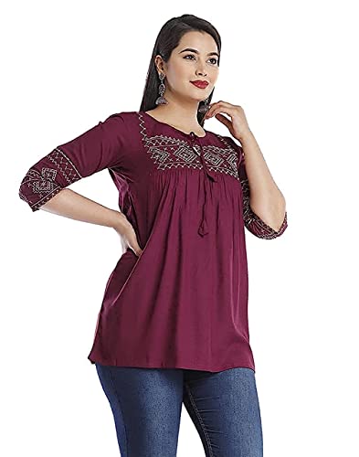 Image of Avayayat Short Kurti for Women | Embroidered Straight Rayon Kurta | Round Neck Full Sleeves Short Kurti for Women's