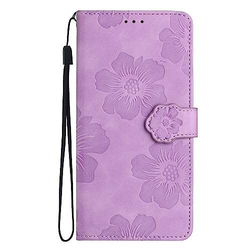 SUPWALL Wallet Case Compatible for Samsung Galaxy S24 Ultra with Card Holder | Flowers Case Wallet for Women and Girls with Wrist Strap | Embossed Floral Protective PU Leather Flip Case | Purple