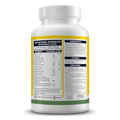Image of YouWeFit Pro-Vegetarian Omega 3 Capsules 1000mg 60 Capsules | 250mg DHA 200mg ALA & 50mg EPA | Algal Oil + Flaxseed Oil Formula | Astaxanthin Curcumin & Selenium | Heart Brain Joint & Recovery Support