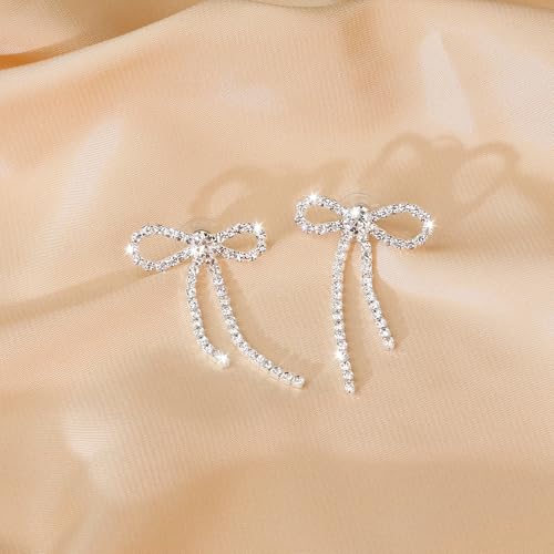 Bow Earrings for Women, Gold/Silver Drop Dangle Tassel Rhinestone Ribbon Stud Earrings as Wedding Earrings for Brides, Bow Jewelry as Wedding Prom Jewelry Statement Earrings for Women2