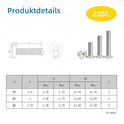 WZHUIDA 20 Stück M8 x 30 mm Schrauben, Edelstahl Innensechskant Flachkopfschrauben, Vollgewinde Möbelverbinderschrauben mit Schraubenschlüssel