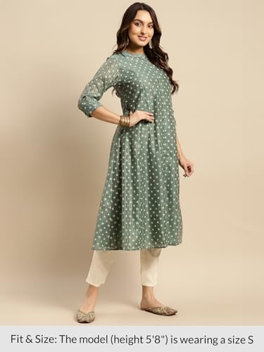 Image of rangita Off White Chanderi Calf Length Printed Flared Kurti for Women | Kurta for Women