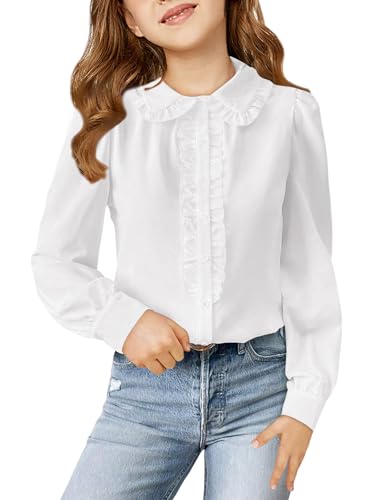 Haloumoning Girls Puff Long Sleeve Shirts Cute Casual Peter Pan Collar Blouse Ruffle Button Down Chiffon Tops 7-14 Years