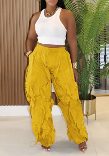 Image of Lucuna Women Balloon Pants Ruffle Fringe Drawstring High Waist Wide Leg Baggy Joggers Parachute Pants