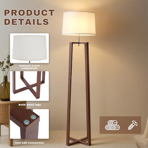 Image of 66 inch Bamboo Corner Floor Lamp with Linen Shade, Mid Century Standing Lamp, Modern Natural Tall Floor Lamp for Living Room Bedroom Office, E26 (Walnut Color)