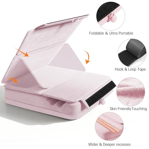 Image of Tablet Pillow Stand with Storage, Foldable iPad Holder for Lep, Bed, Sofa, and Desk - Soft Pad Dock with Pocket and Stylus Mount Compatible with 4-13 inch iPad Pro /Air /Mini, Galaxy Tab, Kindle (Purple)