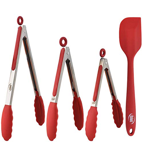 Kaluns Kitchen Tongs Set, 4 Piece -Red- Stainless steel 7-9-12 Inch Tong +