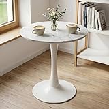 Atenza Runder Esstisch 70cm aus Premium Sinterstein, Kratzfester & Hitzebest&auml;ndiger Bistrotisch (100kg Tragkraft), Moderner K&uuml;chentisch f&uuml;r 2-4 Personen (Carrara Wei&szlig; | Gestell Mattwei&szlig;)