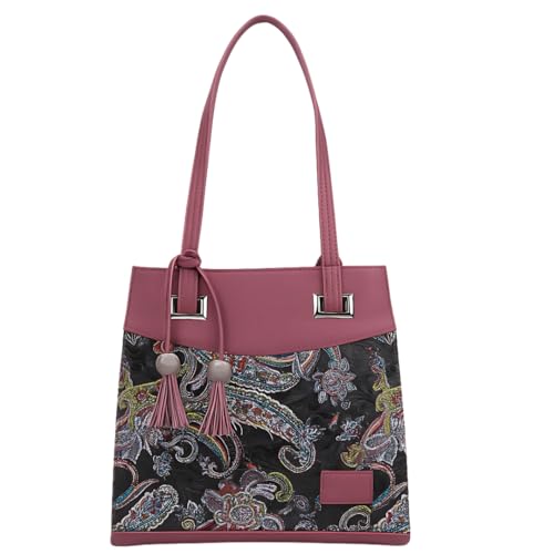 Women's Stylish Faux Leather & Paisley Fabric Shoulder Handbag with Tassel | Trendy Office, Casual, Travel Tote Bag for Ladies & Girls – Burgundy & Multicolor | Gift for her