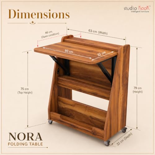 Image of Studio Kook Nora Folding Table (Study Table, Multipurpose Desk with Wheels, Engineered Wood, Matte Finish) (Amber Walnut)