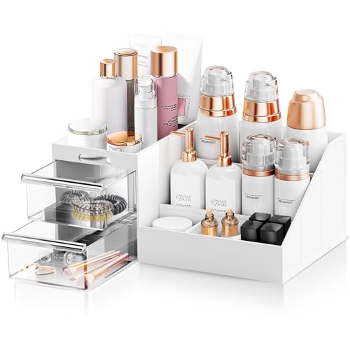 Image of PAXCOO Makeup Desk Cosmetic Storage Box Organizer with Drawers for Dressing Table Large Capacity Display Case,Skincare Organizer,Elegant Vanity Holder Brushes Lipstick Skincare Eyeshadow (White,Clear)
