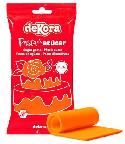Dekora - Pasta de Azúcar Fondant Naranja para Tartas - Cobertura para Bizcochos, Tartas, Pasteles, Magdalenas o Cupcakes con el que Hacer Todo Tipo de Decoraciones - Modelado Fácil - 250 g