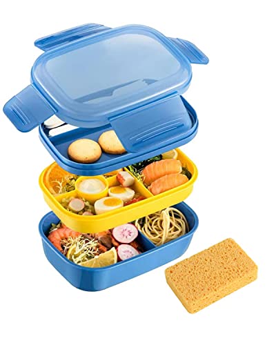 Rantizon Boîte à déjeuner Bento de 1900 ml étanche avec 5 compartiments sans BPA, passe au micro-ondes et au lave-vaisselle avec cuillère, boîte à déjeuner Bento pour adultes et enfants,Bleu et jaune Cover