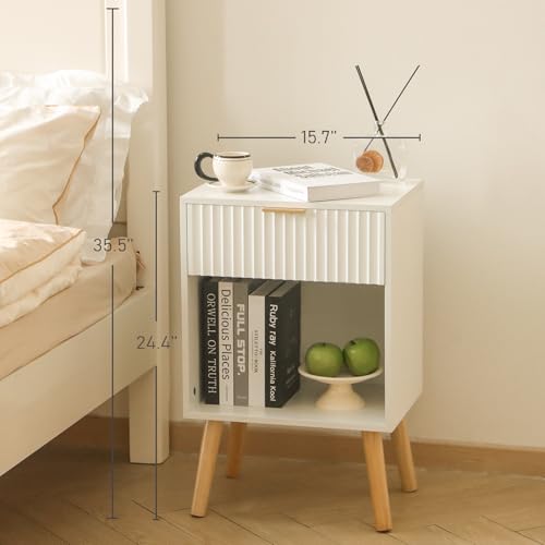 Image of Fultyle White Nightstand, Modern Bedside Table with Drawer and Open Storage, Fluted End Side Table Living Room with Solid Wood Legs for Bedroom (White)