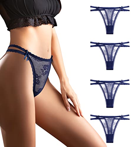 Culotte Femme Dentelle String Bikini Culottes Shorties et Strings Tangas Femme Culottes Slips Générique Strings et Tangas Femmes Sexy String et Tanga Lot de 4 Slips Fleurs G-Cordes Culottes (Bleu) Cover
