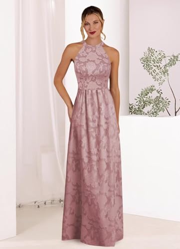 UZN Floral Satin Mother of The Bride Dresses for Women Halter A Line Formal Party Gowns Long4