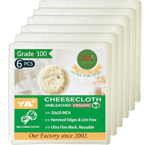 Organic Cheese Cloths Grade 100, 6 PCS 20x20 Inch, Hemmed Unbleached Cheesecloth for Straining