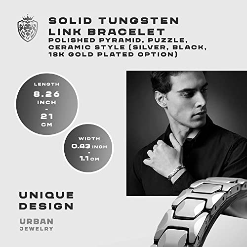 Urban Jewelry Stunning Solid Tungsten Link Bracelet for Men Polished Link, Puzzle, Ceramic Style (Silver, Black, 18K Gold Plated Option)2