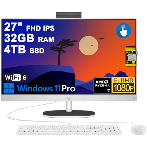 Image of HP 27 AIO Desktop Computer 27 inch FHD IPS Anti-glare Touchscreen (99% sRGB) AMD 8-core Ryzen AI 7 350 (Up to 50 NPU TOPS) 32GB RAM 4TB SSD For Creator Designer Business Professional Work Win11Pro ICP Hub