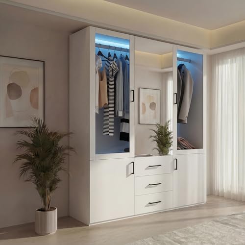 Armoire Dressing 4 Portes avec LED et Miroir, Placard Chambre avec Portes Vitrées, Double Penderie, Grande Armoire de Rangement avec 3 Tiroirs et Étagères,...