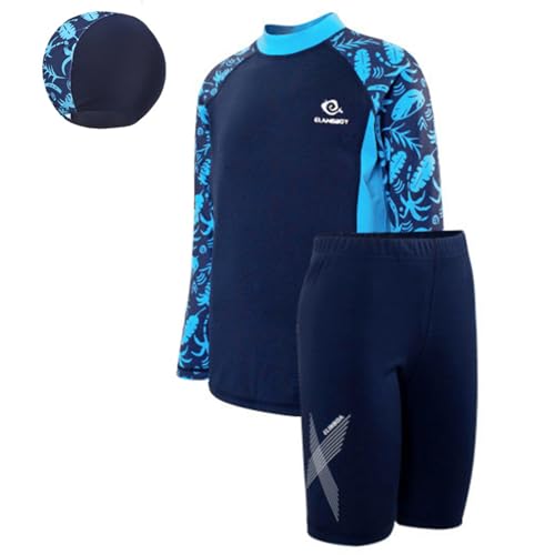 MZSYLK Costume da bagno da ragazzo Rash Guard, set da 3 pezzi, a maniche lunghe, ad asciugatura rapida, con costume da bagno, Blu 1, 7-8 Anni