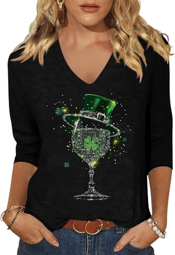 Vircreate Womens 3/4 Sleeve V Neck T-Shirts St. Patrick's Day Spring Shirts Lucky Shamrock Graphic Tee Tops (XL,ST263 Black)