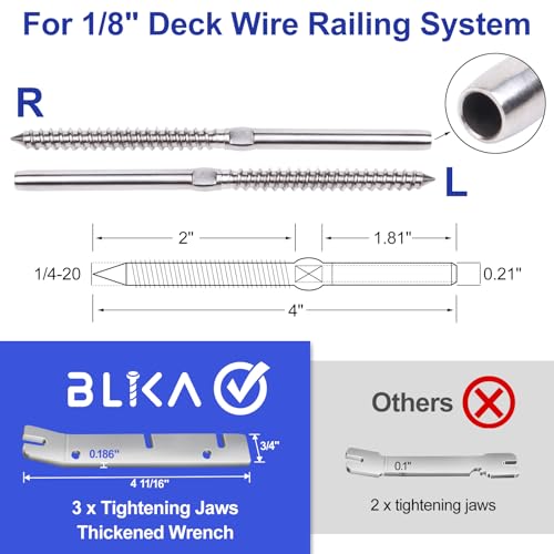 Image of BLIKA 200 Pack T316 Stainless Steel Right&Left Handed Thread Swage Lag Screws for Wood Posts of 1 /8 inch Deck Cable Railing Kit, Wire Railing Kit for Decks with Wrench, DIY Wood Baluster