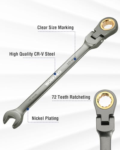 Image of WORKPRO 10 mm Flex-Head Ratcheting Combination Wrench, Nickel Plating