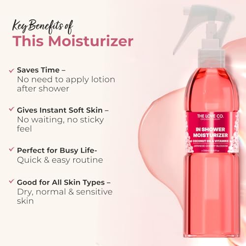 Image of The Love Co Japanese Cherry Blossom In-Shower Moisturizer | Body Lotion-Like Hydration Spray | Fast-Absorbing, Non-Greasy Shower Moisturizer for Dry Skin | Coconut Oil & Shea Butter | 250ml