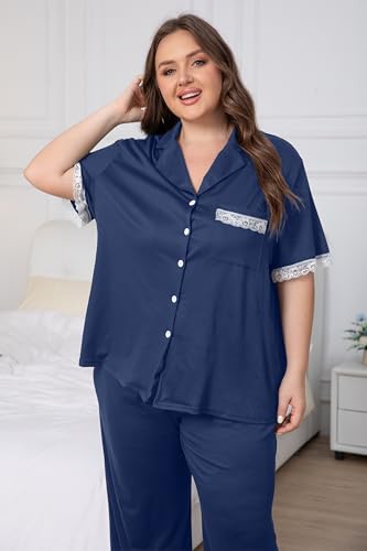 Image of Vozanet Women Short Sleeve Long Pants Pajama Sets Lace Trim Button Down Sleepwear Plus Size Knit Loungewear Sexy Nighty