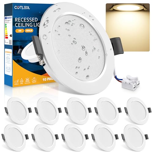 COTLEDL 10xFaretti LED da Incasso per Cartongesso, 5W 450LM Faretto Luce Neutro 4000K IP44 Faretti LED Soffitto Interno da Incasso per Bagno, Diametro Foro Ø68-80mm, AC 220-240V