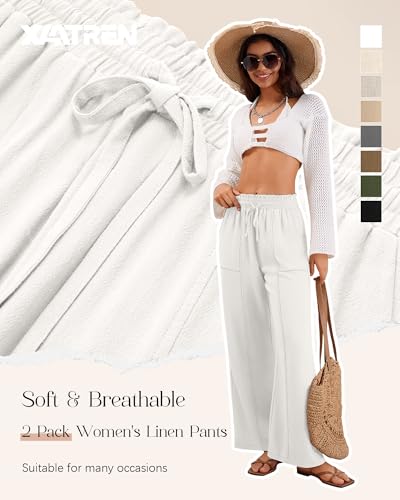 2 Pack Women's Linen Pants Summer Wide Leg Drawstring Elastic Waist Pant Casual Loose Fit Beach Trousers with Pockets3