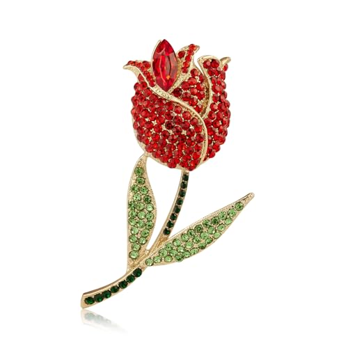 Image of YOQUCOL Elegant Cubic Zirconia Crystal Rhinestone Red Rose Shape Brooch Pin for Women Grils
