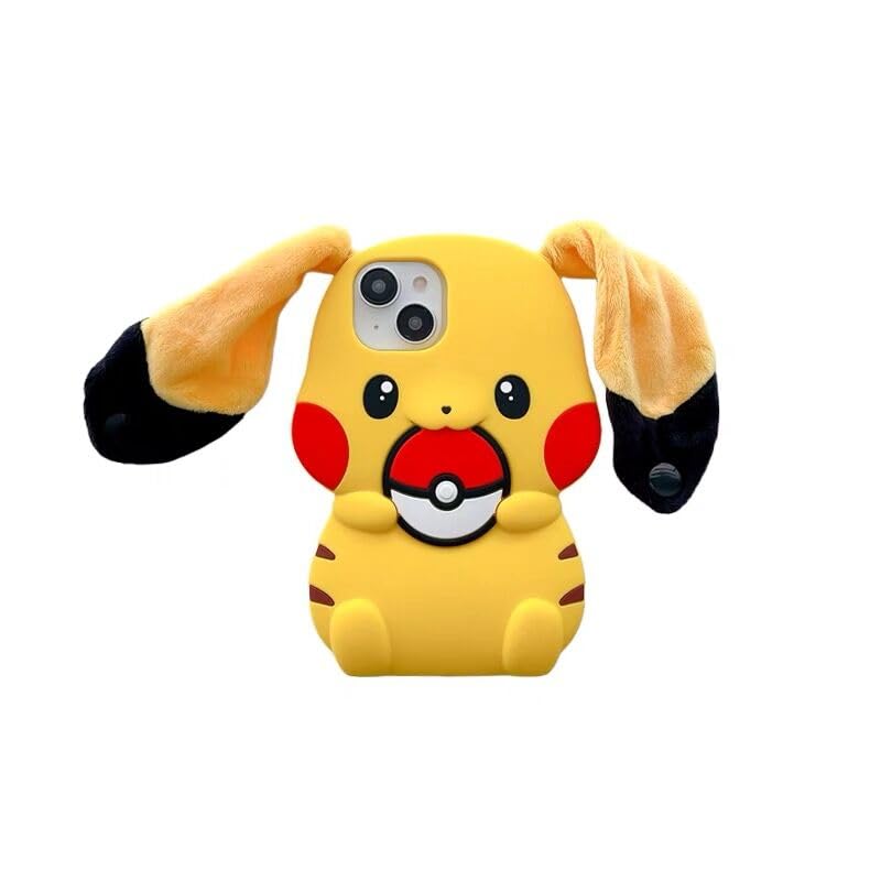 Fluffy Nut Ultra Thick Big Silicone Case with Plush Ears Strap for Apple iPhone 15 iPhone15 Bright Yellow 3D Cartoon Anime Game Cute Lovely Adorable Unique Fun Funny Cool Unisex Kids Girls Boys