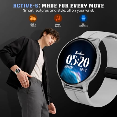 Image of PunnkFunnk Active 5 Smart Watch with 1.3 inch AMOLED HD Display | Bluetooth Calling, AI Voice Assistant, 100+ Sports Modes, Heart Rate & SPO₂ Tracking, IP68 Waterproof for Men & Women- (Grey)